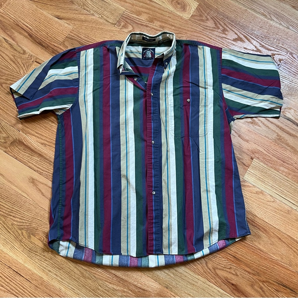 Short-Sleeve Vertical Stripe Button-Down Shirt - Multicolor